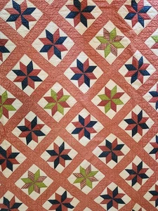 Trapunta patchwork vintage vecchia fatta a mano rossa 8 punti stella fattoria cottage lodge 69x84 - Foto 1 di 18