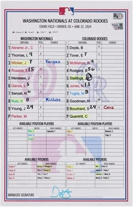 Washington Nationals Game-Used Lineup Card vs. Colorado Rockies on June 22, 2024 - Picture 1 of 1
