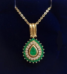 Quality Emerald & Diamond Pear Cluster Pendant 14ct Gold – Length 37mm (S8296) - Picture 1 of 8