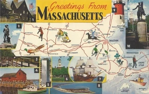 Massachusetts Map & 10 views color postcard (STAMPS, POSTAGE, COLLECTIBLE) - Picture 1 of 2