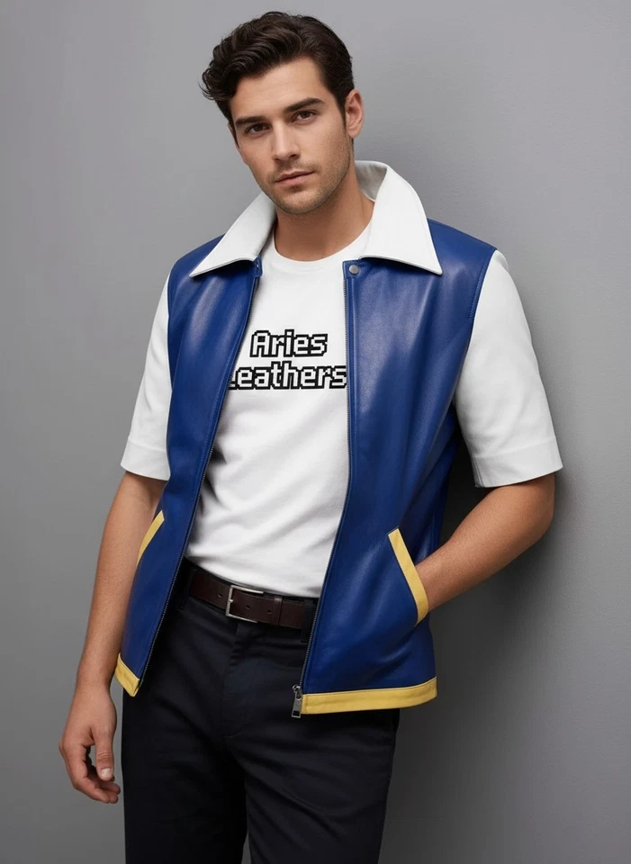 Chaqueta de cuero de piel de cordero azul Pokémon Ash Ketchum para hombre - Chaqueta de ceniza Pokémon Foto 1 de 4