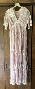 Wild Honey Deep V Dusty Pink Floral Lace Romper Maxi Dress Women Small Boho - Picture 1 of 8