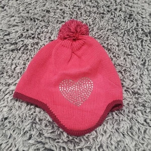 Pink Winter Hat Beanie Heart Sparkle Bling OshKosh Bgosh Pom Pom Girls 2T-4T - Picture 1 of 8