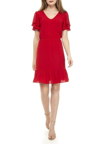 Abito rosso nuovo con etichette Michael Kors doppia manica arricciata XXS brads oro flirty!