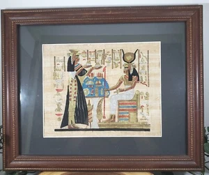 Pair (2) of Egyptian Papyrus Art Nefertiti Isis Matted Wood Framed 16" x 13" - Picture 1 of 12