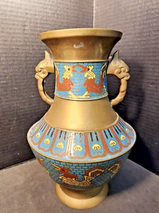 Antique Japanese Brass & Champleve Enamel Vase Fighting Roosters 12" - Picture 1 of 21