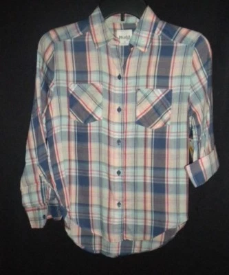 NWT MUDD GIRLS SIZE 10 BUTTON UP, LONG SLEEVE SHIRT, BUTTON CUFFS, GREEN, BLUES, - Image 1 of 2