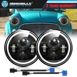 Pair E-Mark 7"Inch Round Angel Eyes LED Headlights For Classic Mini Austin Rover - Picture 1 of 12