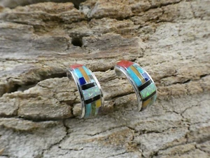 Multi Gemstone Southwestern Sterling Silver 925 Half Hoop Post Earrings AL42 - Picture 1 of 9