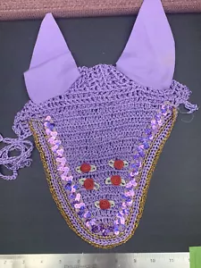 HORSE FLY VEIL MASK BONNET PURPLE ROSES BEADS FANCY HANDCRAFTED EQUESTRIAN NEW - Picture 1 of 3