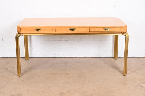John Widdicomb Burl Wood and Brass Executive Desk, Newly Refinished Cover