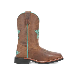 Dan Post Boots Starr Tooled Inlay Leopard Square Toe Cowboy Youth Girls Brown C - Picture 1 of 5
