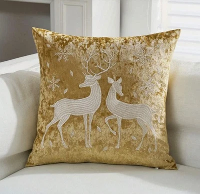 Christmas Pillow Cover CRUSHED VELVET EMBROIDERED DEER Luxurious Holiday 18 x 18 - Image 1 of 4