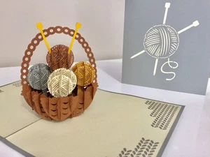 Origami Pop Cards Knitting Basket Grey Happy Birthday 3D Handmade Pop Up Cards - Picture 1 of 3