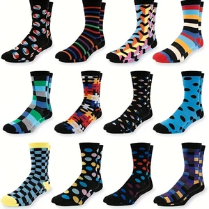 6 Pairs Men's Cotton Socks - Assorted Colorful Novelty Stripes, Polka Dots & - Picture 1 of 8