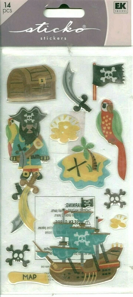 PIRATES PIRATE Treasure Chest Sword Skull Crossbones Ship Sticko Epoxy Stickers - Image 1 of 1