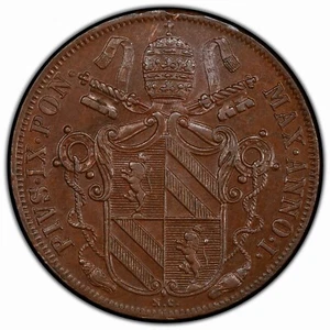 ITALY, PAPAL STATES: 1846-R I 1 Baiocco PCGS MS63BN — 1/8 KNOWN, 1/2 PCGS FINEST - Picture 1 of 4