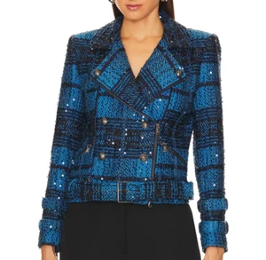 NWT- L'Agence 'Billie' Sequined Plaid Tweed Jacket, Cobalt Blue/Black - Medium - Picture 1 of 5