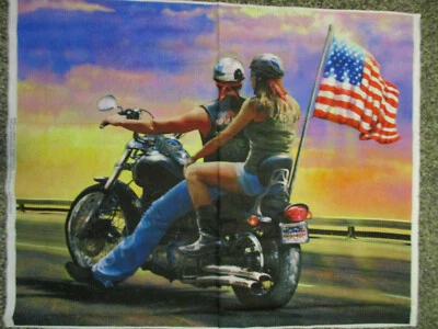 HARLEY MOTORCYCLE ROUTE 66 USA FLAG DIGITAL PRINT COTTON FABRIC PANEL  - Image 1 of 4