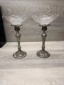 PAIR VINTAGE ORNATE SILVER PLATED CANDLE STICKS HOLDERS WITH GLASS BOWLS 11” - Picture 1 of 12