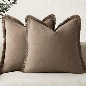 Set of 2 Decorative Linen Fringe Throw Pillow Covers Cozy Farmhouse Boho Cushion - Picture 1 of 12