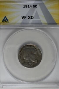 1914 .05 ANACS VF 30 Buffalo Nickel, Indian Nickel, 5 Cent Piece - Picture 1 of 2