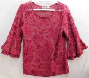 Figueroa and Flower Top Women's Small Red Floral Lace Ruffle Sleeves Boho - Picture 1 of 16