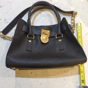 Michael Kors Hamilton Medium Satchel Bag with Gold Chain and Lock - Black - Picture 1 of 15