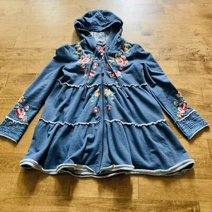 Johnny Was Phoebe Tiered Hoodie Embroidered French Terry Cotton Floral Pocket XS - Picture 1 of 6