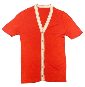 Vintage 60s Golden Knit Women's V-Neck Mod MCM Red/White Wool Cardigan Shirt - M - Picture 1 of 7