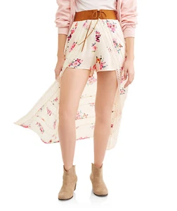 No Boundaries Junior Girls Ivory Floral Sheer Belted Walkthrough Skirt Size 7-9 - Picture 1 of 2