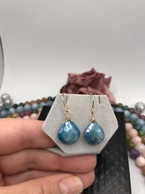 Blue Moonstone Earrings 14K GF Briolette Dangle Handmade 14mm - Image 1 of 4