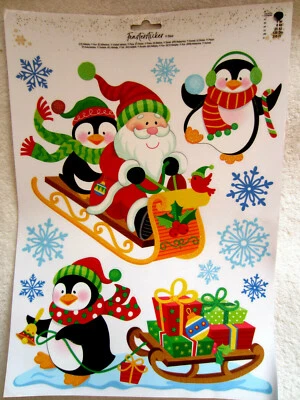 XXL Fenstersticker * WEHNACHTSMANN mit PINGUIN * , Blatt ca. 40 cm x 29 cm - Bild 1 von 3