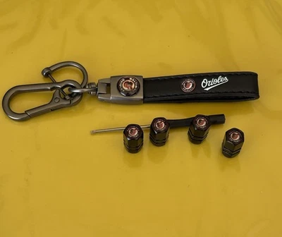 Car Keychain and Tire Valve Caps for Baltimore Orioles Baseball Fans New MLB - Image 1 of 4