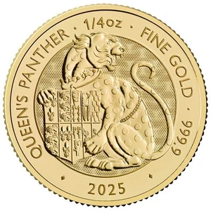 2025 U.K. 25 Pound 1/4 oz Gold Tudor Beast Queen's Panther Brilliant - Picture 1 of 3