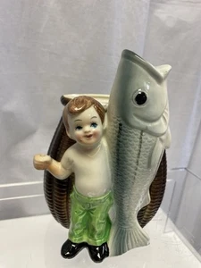 Vtg Young Boy w/ His Fish Catch Ceramic Planter Basket Planter 6” Inarco Japan - Picture 1 of 6