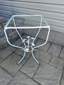 Vintage Italian Leafy White Tole Patio Table Square Top with Glass Top - Picture 1 of 6