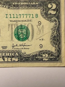 Binary 1s 7s Two Dollar Bill $2 Fancy Serial Number I11177771B Four In A Row 7s - Picture 1 of 10