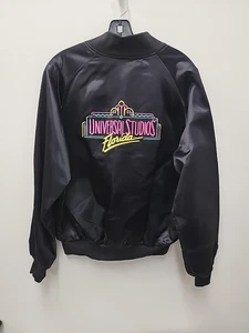 Vintage  NWOT Universal Studios Florida Jacket Mens Large Black Satin Bomber - Picture 1 of 6