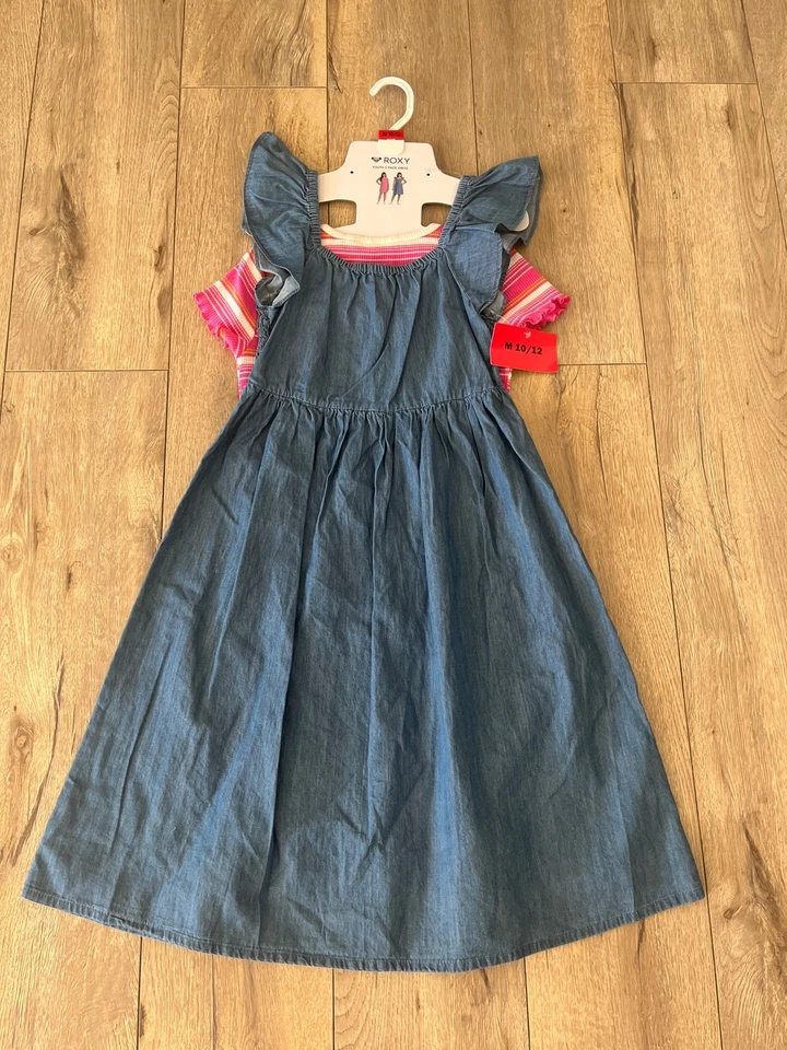 Conjunto de Vestido Marca ROXY Jóvenes Niñas Talla M 10/12 Azul Denim y Rosa Camiseta Popover Foto 1 de 4