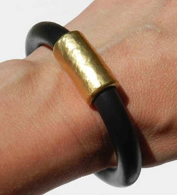 Unique Rope Black Leather Rubber Bangle Bracelet w Hoop Yellow Gold 24K Plated   - Image 1 of 4