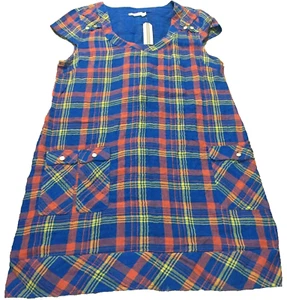 NWT Tulle Blue Multicolored Plaid Cotton Dress Pocket Details Size Large NEW - Picture 1 of 7
