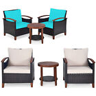3pcs Patio Wicker Sofa Set Acacia Wood Frame W/ Cushion Covers Beige & Turquoise