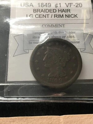 1849   USA, Large One Cent..Braided Hair; Rim Nick - Image 1 of 4
