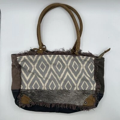 Bolsa tote Myra lona boêmia franja pele couro boho hippie bolsa de ombro - Imagem 1 de 4