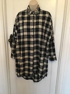 BNNT LOVELY BLACK CHECKED LONG DIP BACK CASUAL SHIRT WITH EMBELLISHMENTS ZARA S - Picture 1 of 5