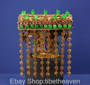 12.4" Old China Gilt inlay Gemstone Enamel Palace Flower Chain Bead Cap Hat - Picture 1 of 9