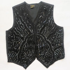 Gilet Mary McFadden seta paillettes nero scintillante glam deco vintage L - Foto 1 di 7