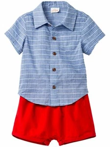 Infant Boys Blue Plaid Button T-Shirt Tee Shirt Red Shorts Outfit Set 12m - Picture 1 of 3