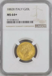 ITALY , GOLD 20 LIRE 1882 R NGC MS 64+ , RARE1 - Picture 1 of 2